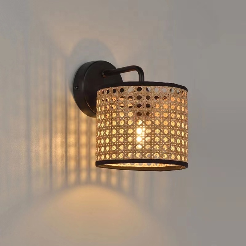 Rattan Sconce Wall Lamp Natural Style Round Drum Woven Boho  Style Wall Light Black Painted Light Fixture