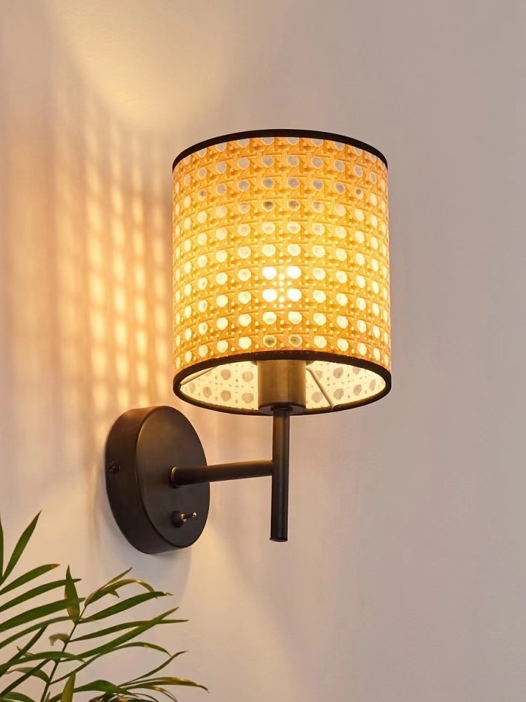 Rattan Sconce Wall Lamp Natural Style Round Drum Woven Boho  Style Wall Light Black Painted Light Fixture