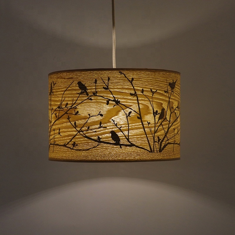 Modern Handmade Cylinder Natural  Wood Veneer Pendant Lamp Printed lampshade for Indoor hanging Lighting Decoration