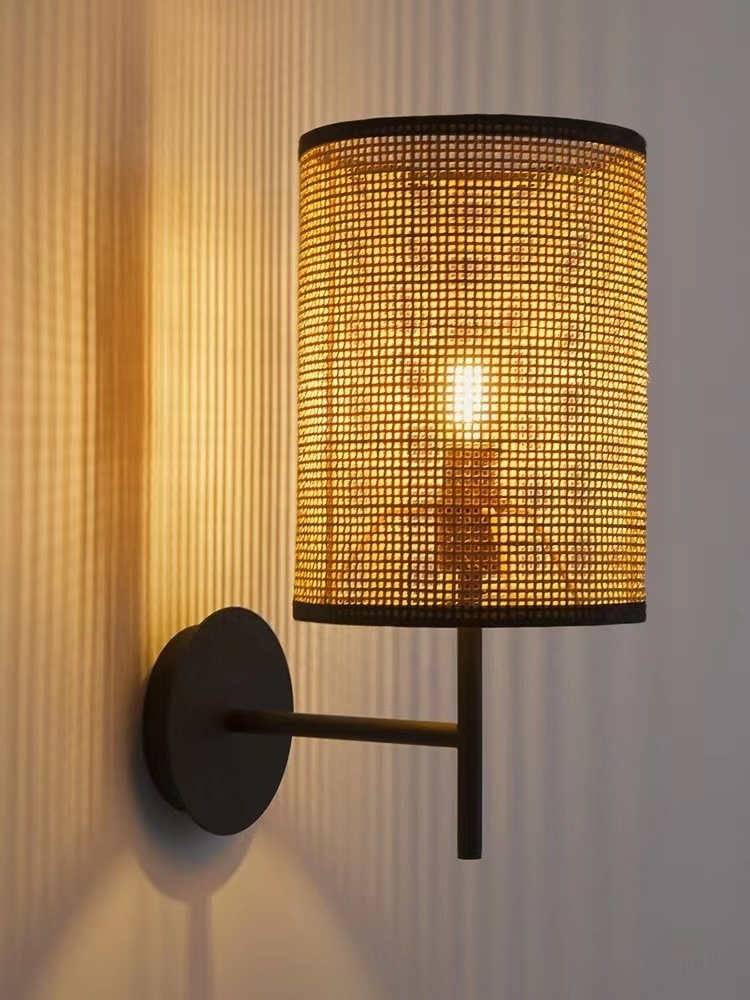 Rattan Sconce Wall Lamp Natural Style Round Drum Woven Boho  Style Wall Light Black Painted Light Fixture