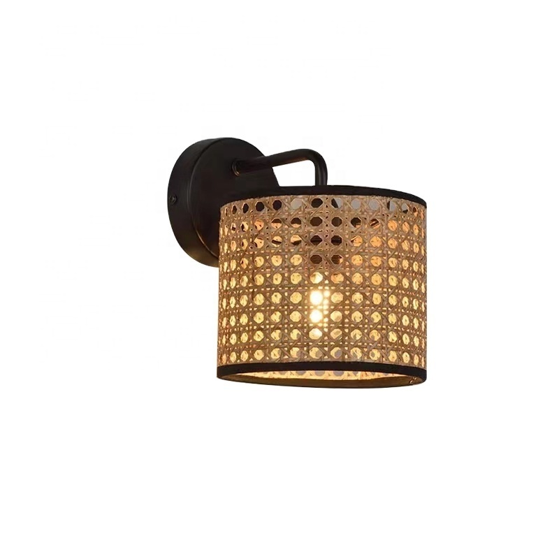 Rattan Sconce Wall Lamp Natural Style Round Drum Woven Boho  Style Wall Light Black Painted Light Fixture