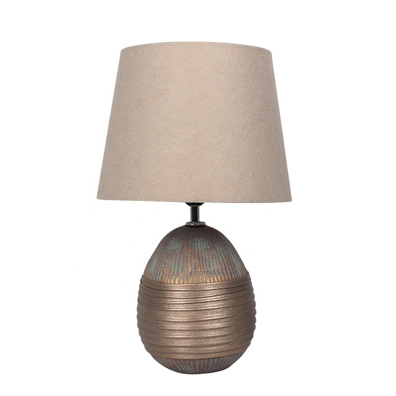 Antique Ceramic Bedside Table Lamp Handmade Decorative Hotel Desk Lamp With Fabric Light Shade Ball Base