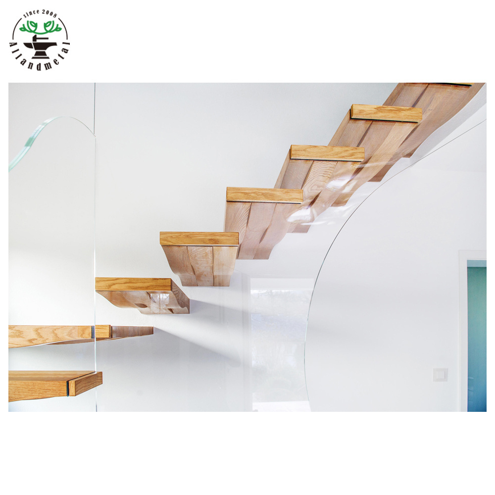 L Shape Quarter Landing Staircase Floating Stairs Straight with Ultra Clear Tempered Glass Railing