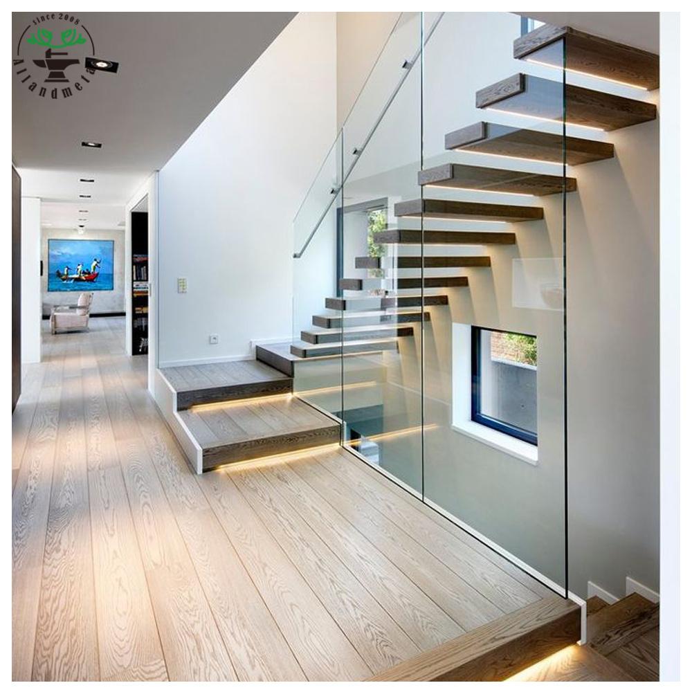 L Shape Quarter Landing Staircase Floating Stairs Straight with Ultra Clear Tempered Glass Railing