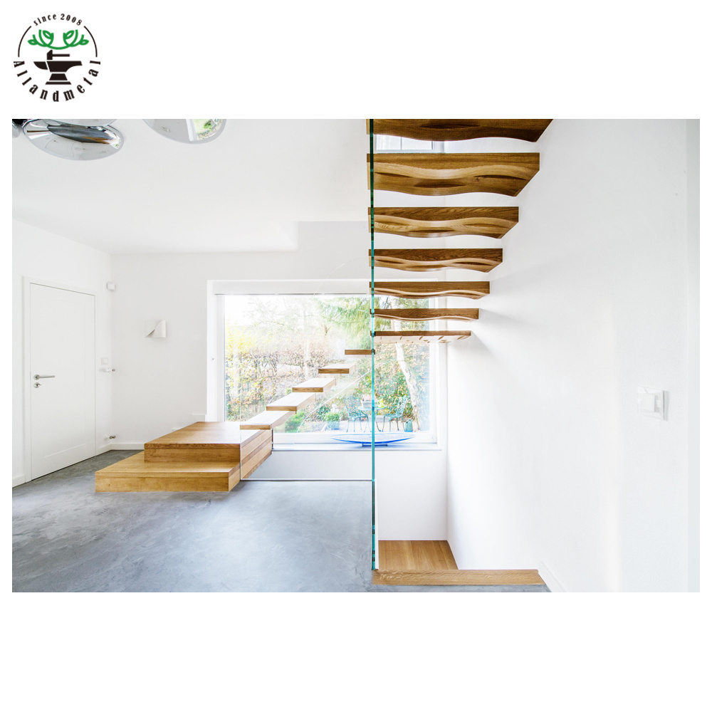 L Shape Quarter Landing Staircase Floating Stairs Straight with Ultra Clear Tempered Glass Railing