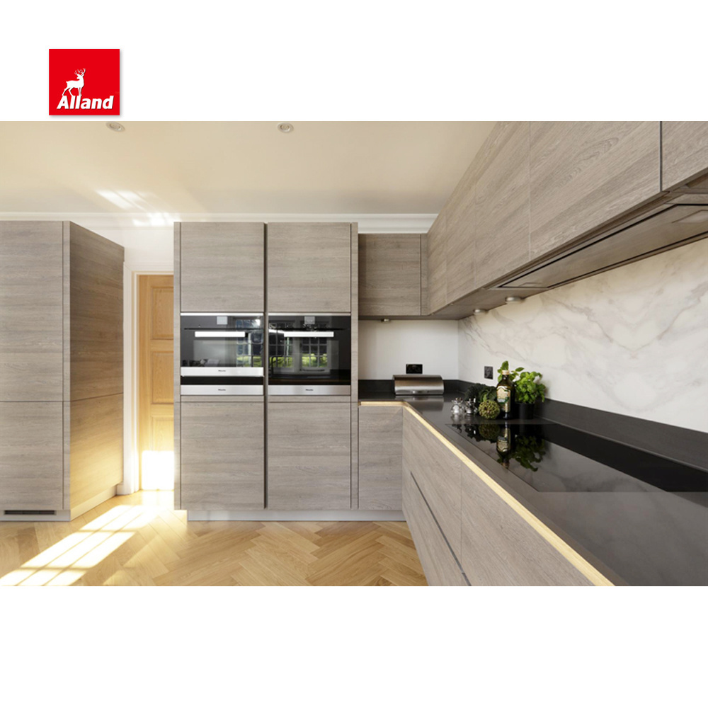 Modern Design Melamine  Laminated Finish Wood Grain and Lacquer Finish Handleless Kitchen Cabinet