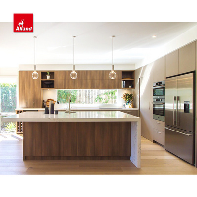 Modern Design Melamine  Laminated Finish Wood Grain and Lacquer Finish Handleless Kitchen Cabinet