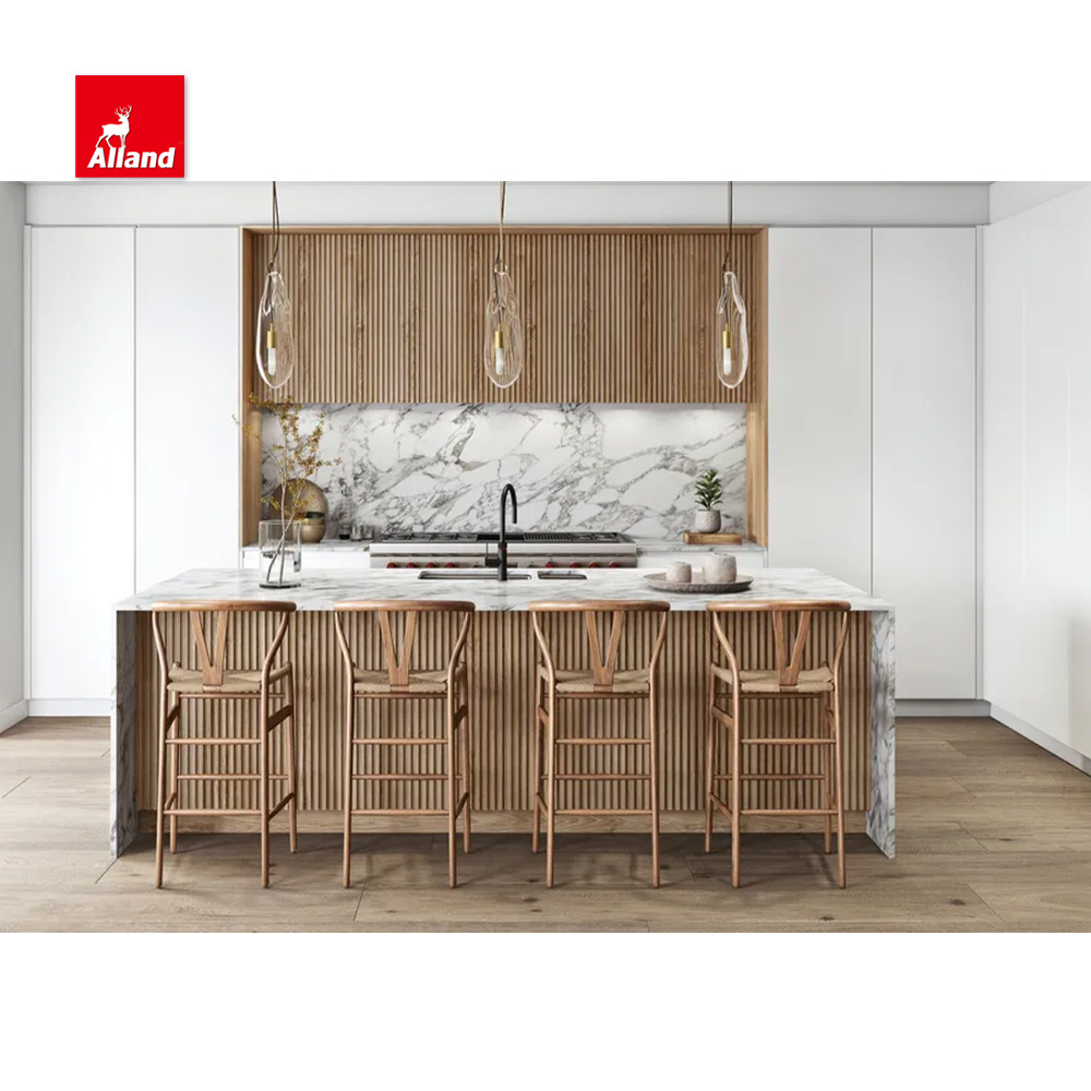 AllandCabinet Modern Design Slab Door and Fluted Panel Kitchen Cabinet with Automatic Appliances