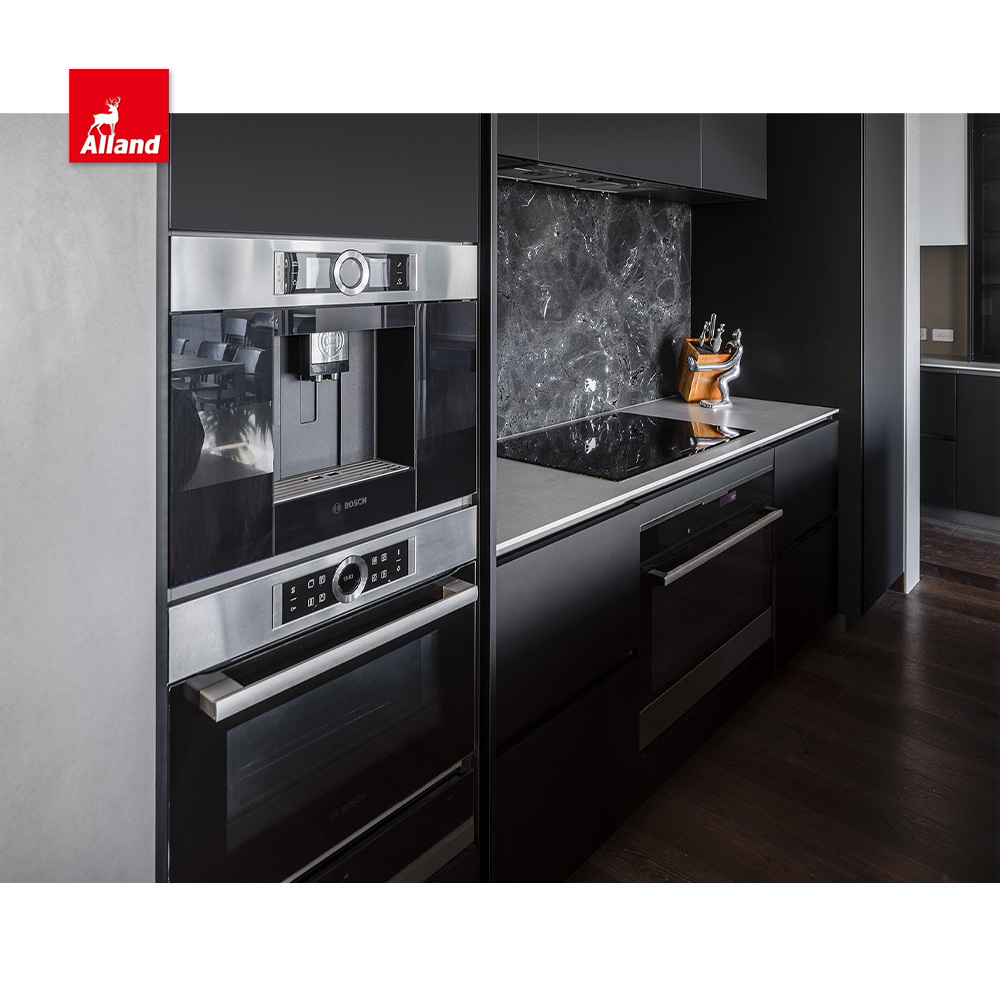 AllandCabinet Modern Style Luxury Black Plywood Handleless Kitchen Cabinet with Island Cabinet