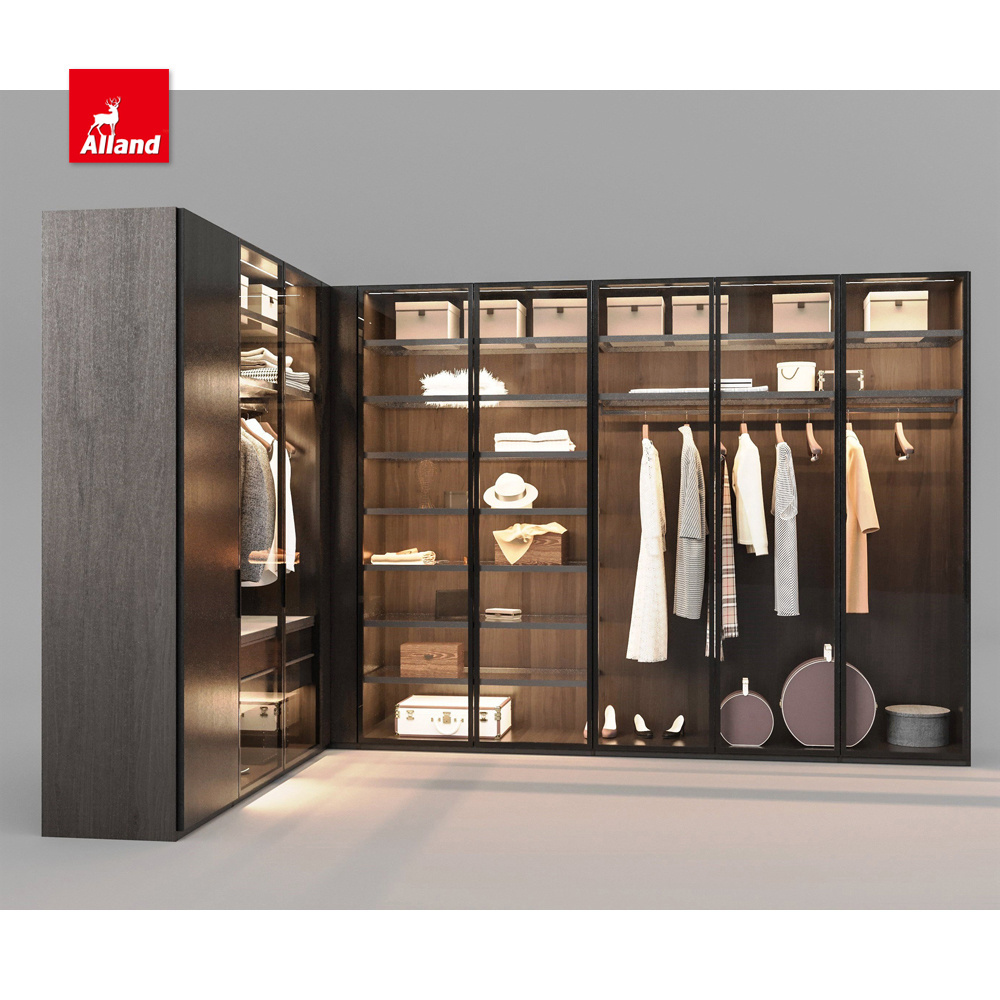 Alland Custom Luxury Modern L Shape Closet Scandinavian Built In Walk In Wardrobes With Glass Door LED Light Suite Closet