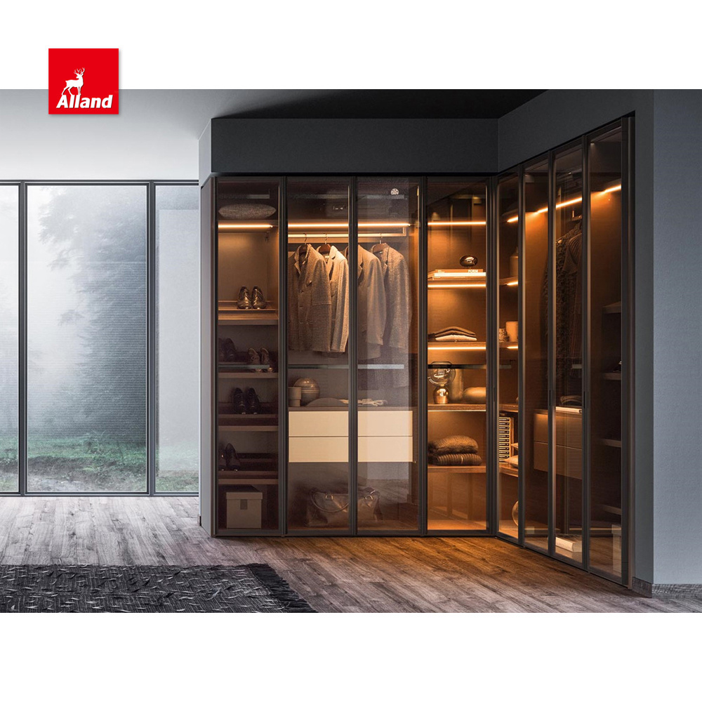 Alland Custom Luxury Modern L Shape Closet Scandinavian Built In Walk In Wardrobes With Glass Door LED Light Suite Closet