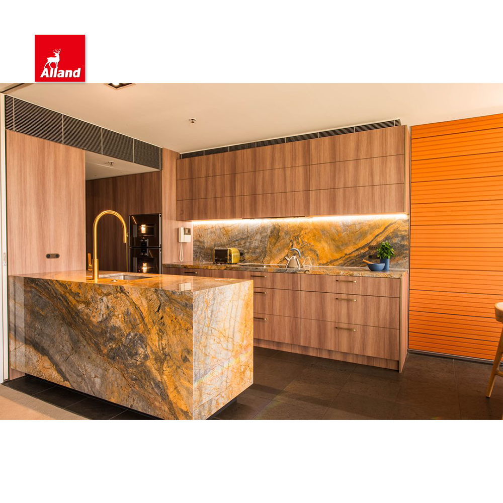 Allandcabinet Modern Style Kitchen Cabinet MDF Slab Panel Door Brown Wood Veneer Finish Cupboard with Stainless Steel Sinks