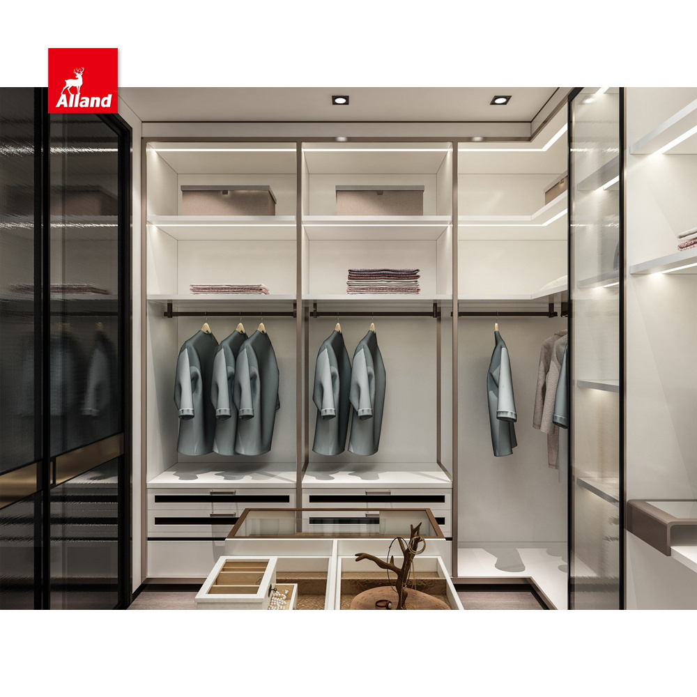 Allandcabinet UK Modern Design U Shape Walk In Wardrobe Custom Two Tone White Closet With Black  Center Island With LED Light