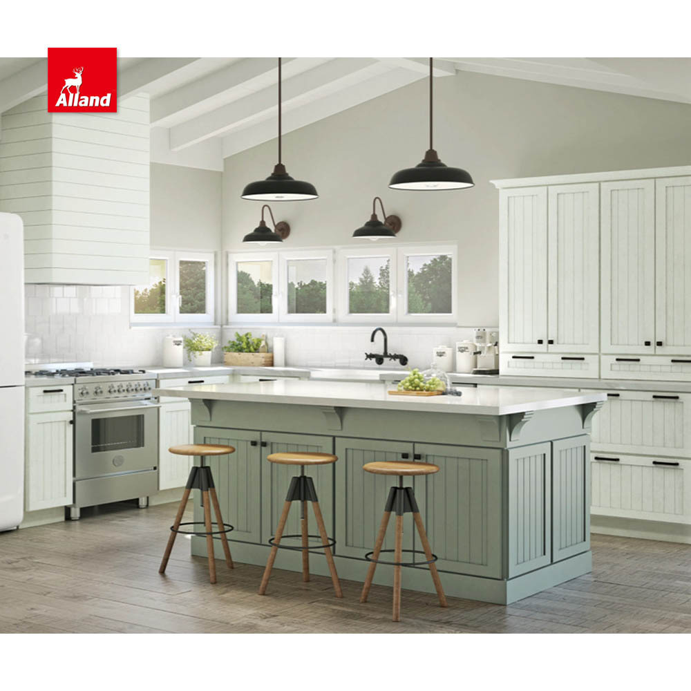 AllandCabinet Modern Style Plywood Lacquer Finish Light Green Fully Customized Kitchen Cabiney