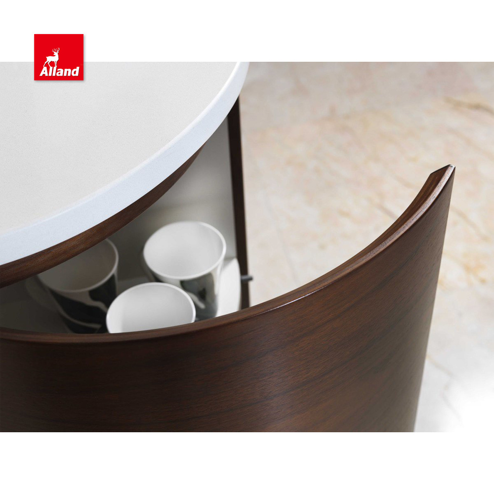 AllandCabinet Curved Round Design White Acrylic High Gloss Style Kitchen Cabinets Solid Wood Island 45 Degree Beveled Edge