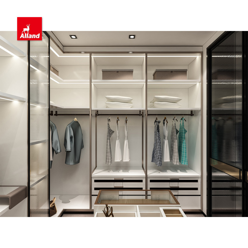 Allandcabinet UK Modern Design U Shape Walk In Wardrobe Custom Two Tone White Closet With Black  Center Island With LED Light