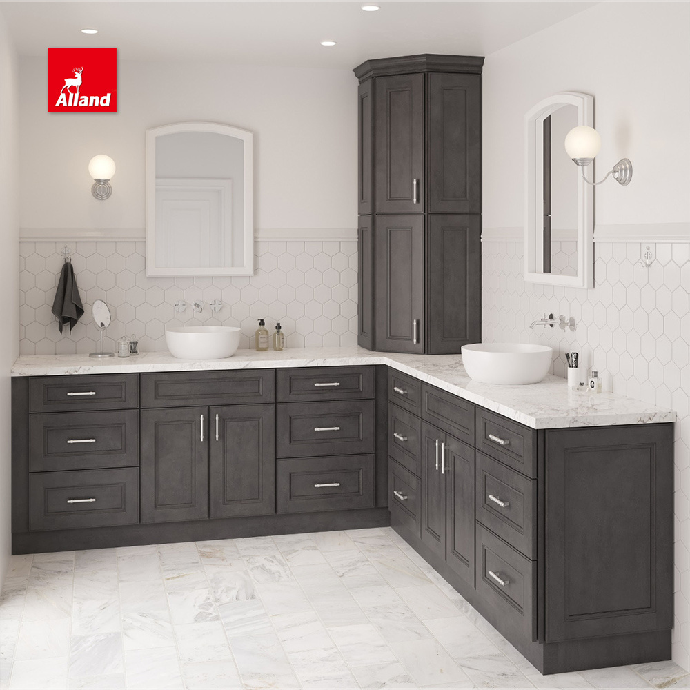 AllandCabinet Traditional Style Dark Grey Solid Wood Shaker Panel Custom Kitchen Cabinet