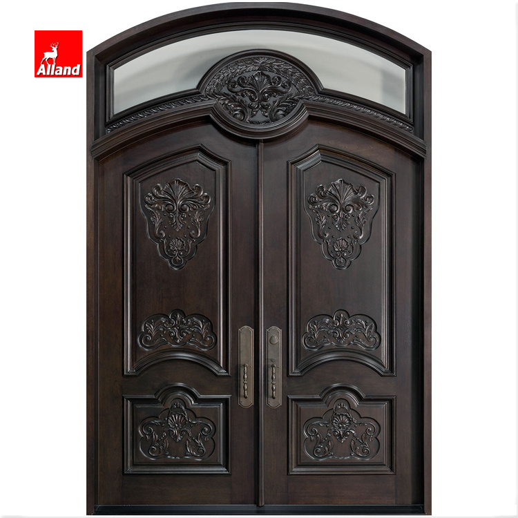 Traditional Exterior Decorative Double Entry Wood Swing Door Arched Teak Wooden Door For House Front Entrance