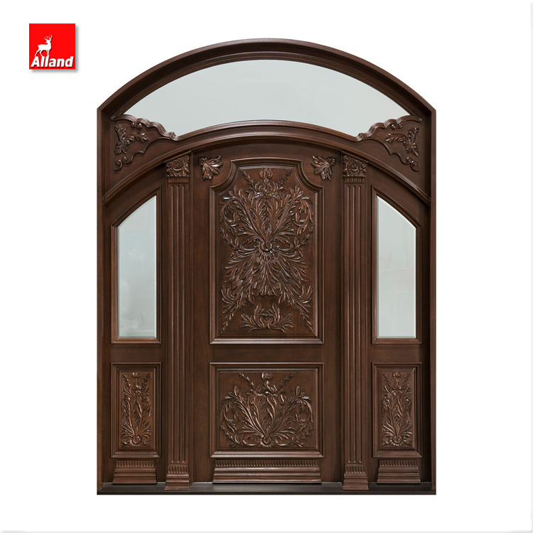 Traditional Exterior Decorative Double Entry Wood Swing Door Arched Teak Wooden Door For House Front Entrance