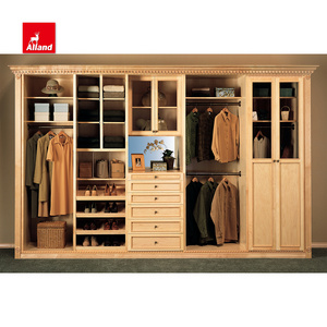 China supplier luxury solid wood walk in closet Bedroom Cabinets Furniture Customized Open by Hinge Wardrobe with Glass Door