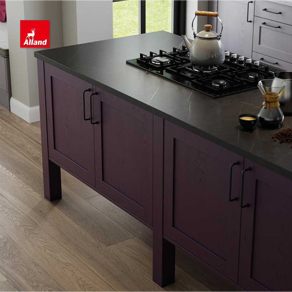 AllandCabinet Contemporary Customized Purple Painted Solid Wood Shaker Style L Shaped Kitchen Cabinet with Island