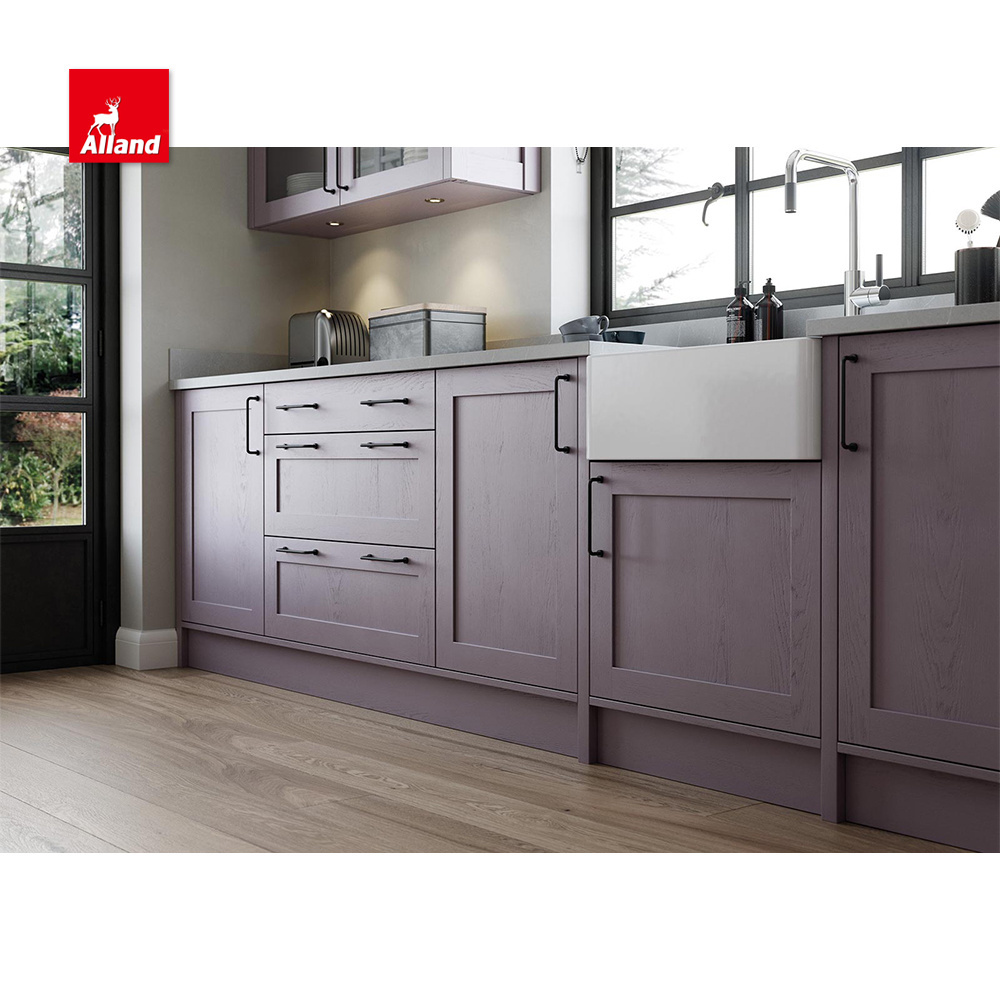 AllandCabinet Contemporary Customized Purple Painted Solid Wood Shaker Style L Shaped Kitchen Cabinet with Island