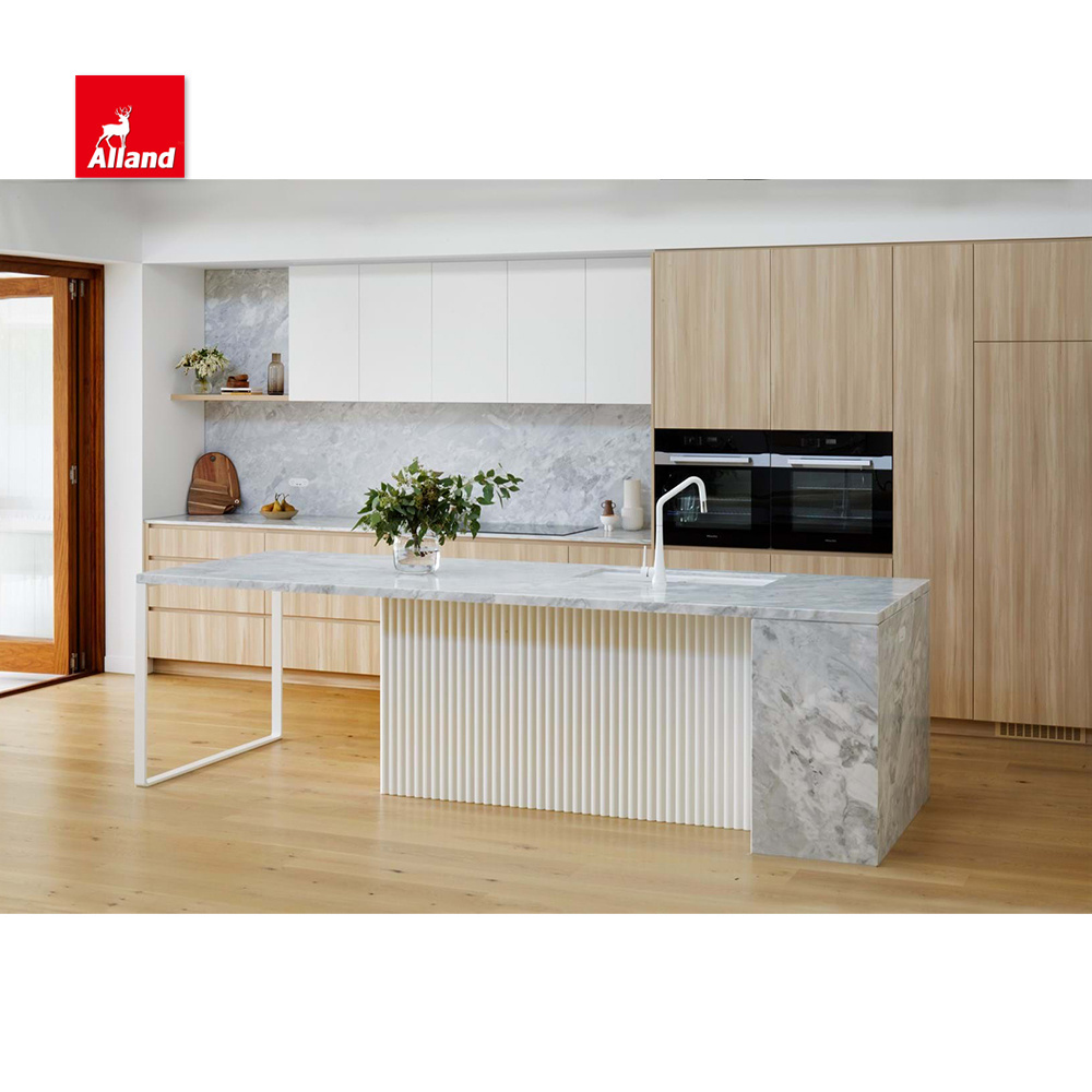 AllandCabinet Modern Design Slab Door and Fluted Panel Kitchen Cabinet with Automatic Appliances