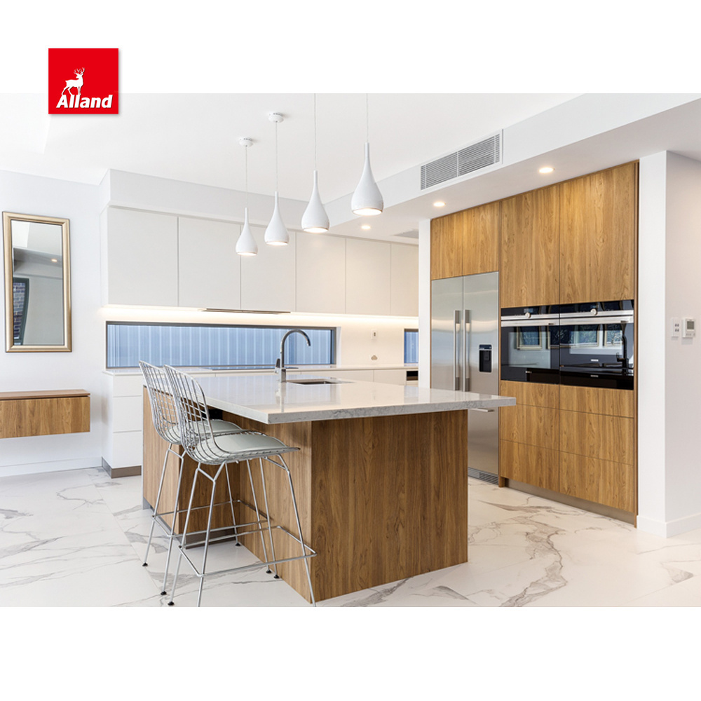 Modern Design Melamine  Laminated Finish Wood Grain and Lacquer Finish Handleless Kitchen Cabinet