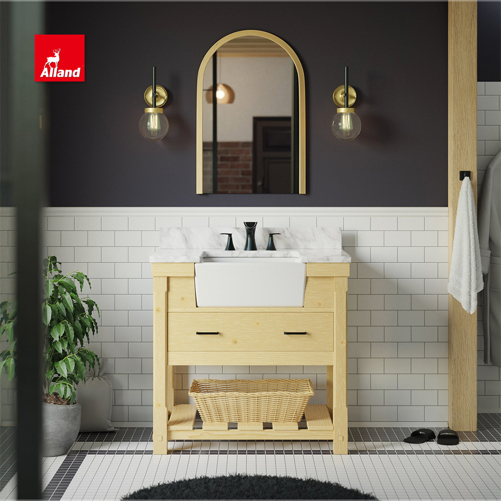 AllandCabinet Transitional Yellow Solid Wood Dovetail Drawer Farmhouse Basin Bathroom Vanity