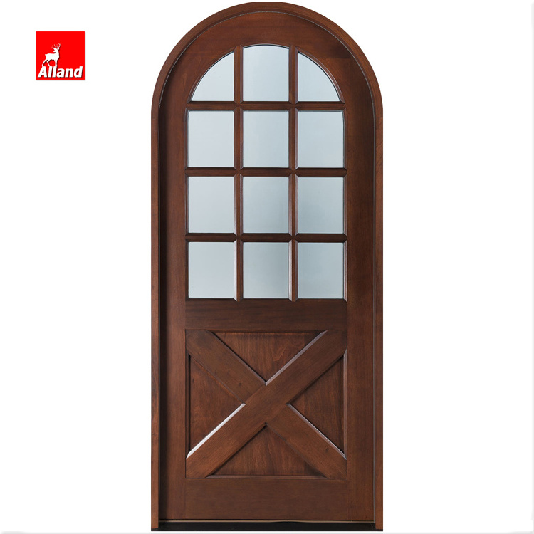 Brown Interior Wine Cellar Wooden Door Arched Swing Doors With Decorative Glass