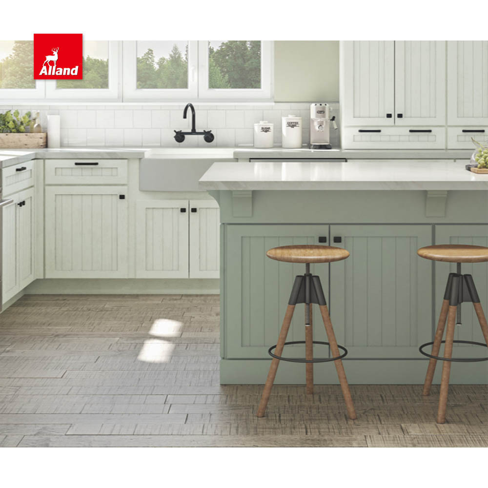 AllandCabinet Modern Style Plywood Lacquer Finish Light Green Fully Customized Kitchen Cabiney