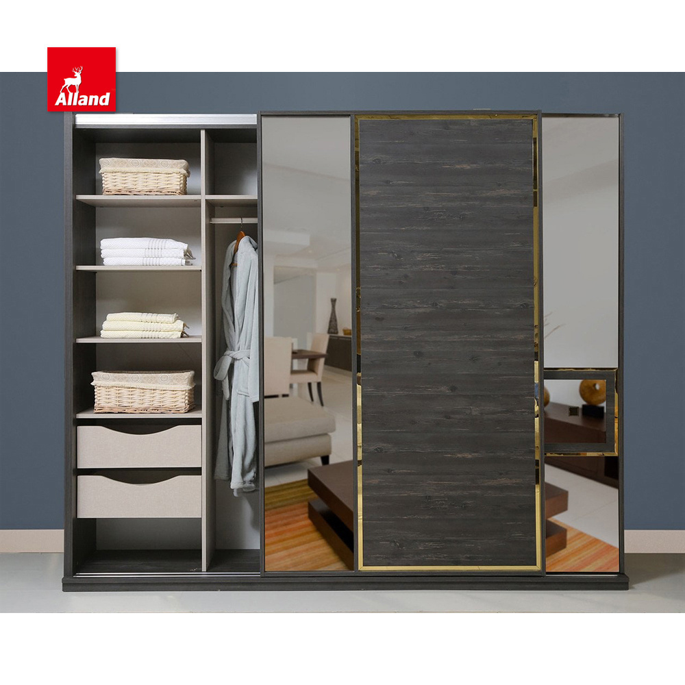 Allandcabinet Latest Design Modern Mirror Sliding Wardrobe Two Tone Black Wood Grain Closet With Gold Line For Home Improvement