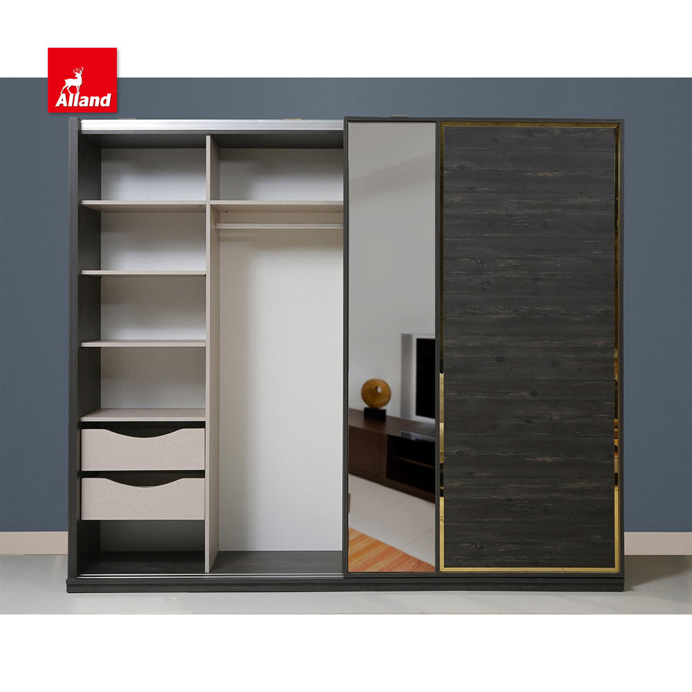 Allandcabinet Latest Design Modern Mirror Sliding Wardrobe Two Tone Black Wood Grain Closet With Gold Line For Home Improvement