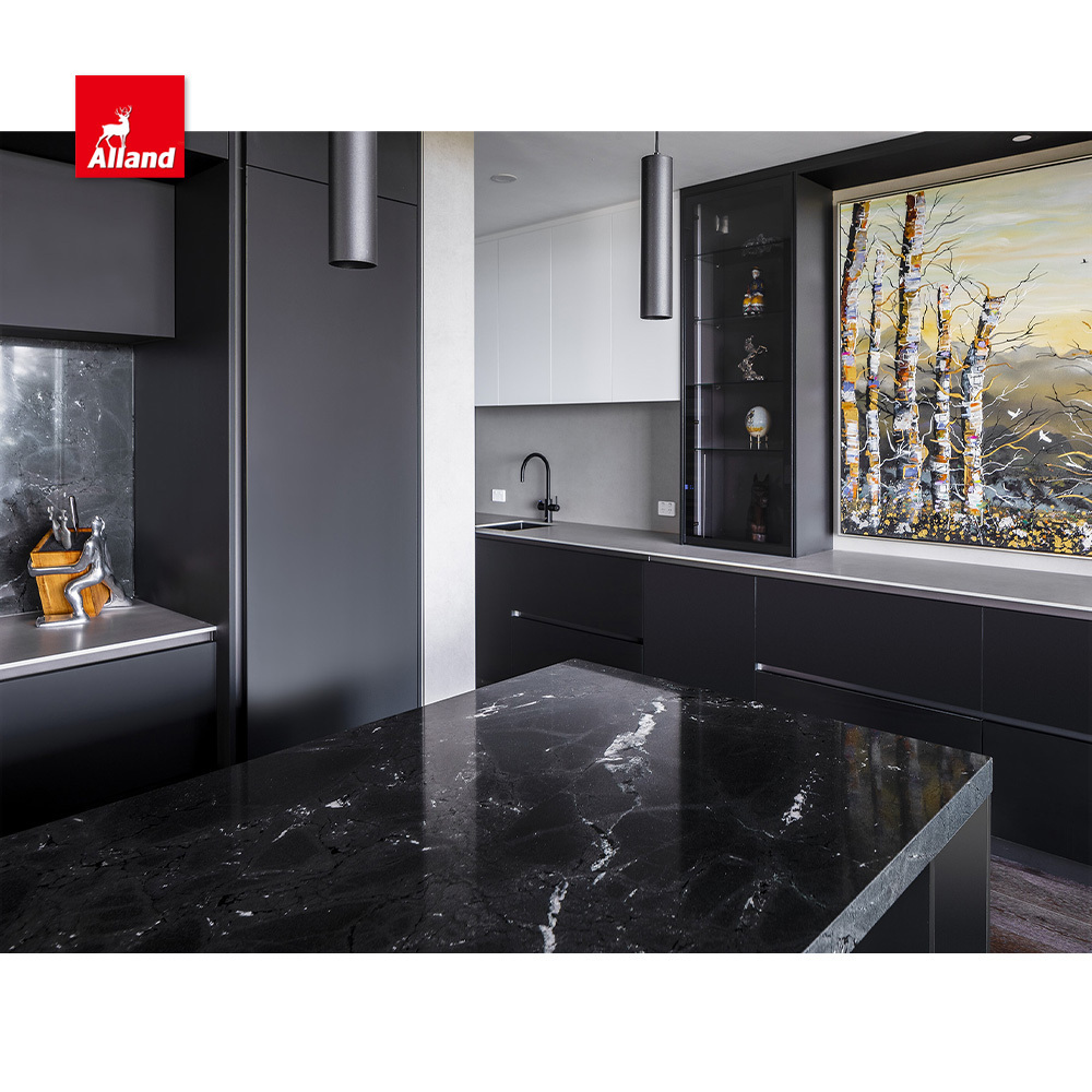 AllandCabinet Modern Style Luxury Black Plywood Handleless Kitchen Cabinet with Island Cabinet