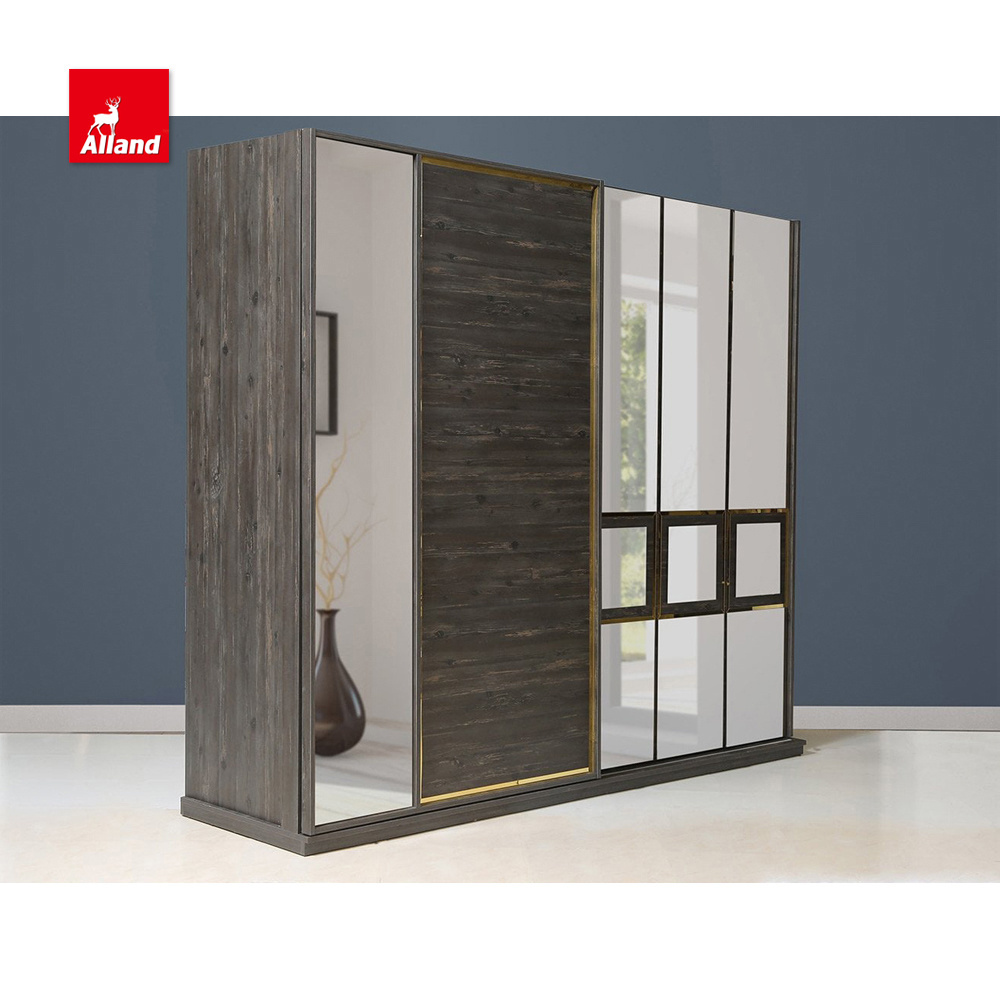 Allandcabinet Latest Design Modern Mirror Sliding Wardrobe Two Tone Black Wood Grain Closet With Gold Line For Home Improvement