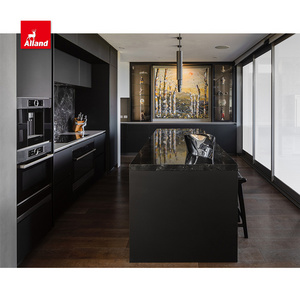 AllandCabinet Modern Style Luxury Black Plywood Handleless Kitchen Cabinet with Island Cabinet