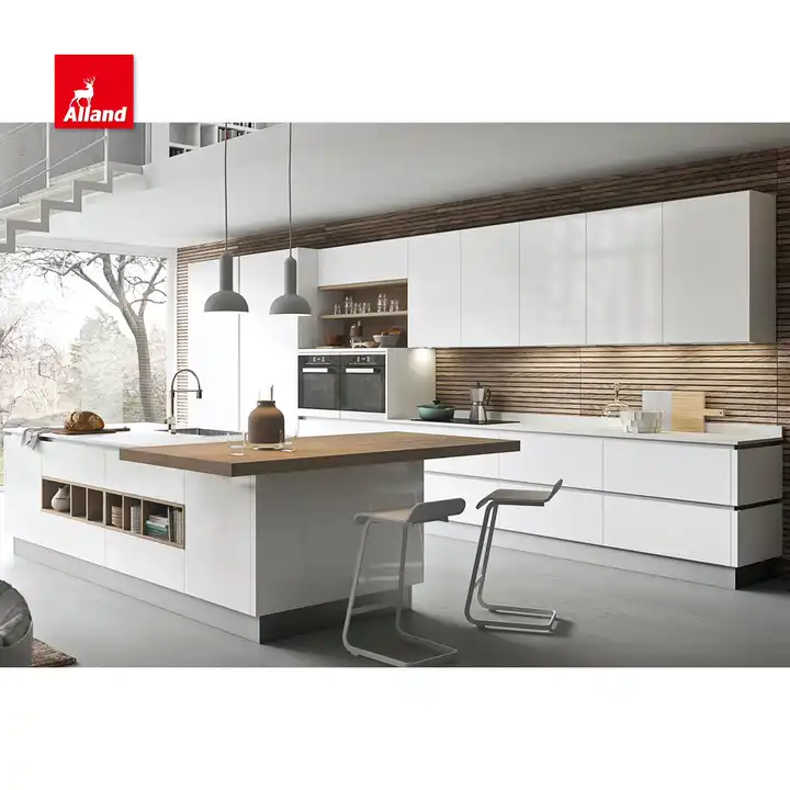 China Modern design  custom slim Shaker plywood warm white  melamine high gloss lacquer pvc kitchen cabinet