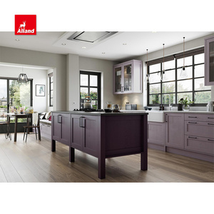 AllandCabinet Contemporary Customized Purple Painted Solid Wood Shaker Style L Shaped Kitchen Cabinet with Island