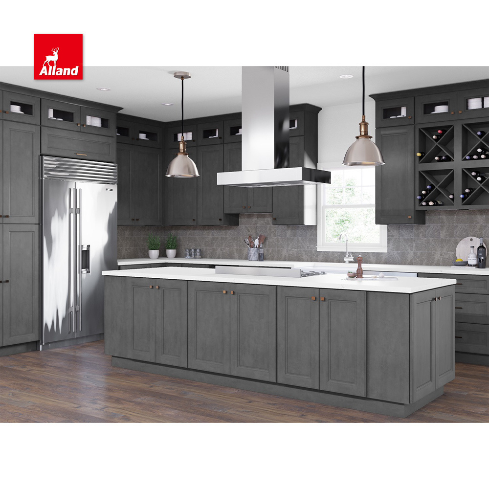 AllandCabinet Traditional Style Dark Grey Solid Wood Shaker Panel Custom Kitchen Cabinet