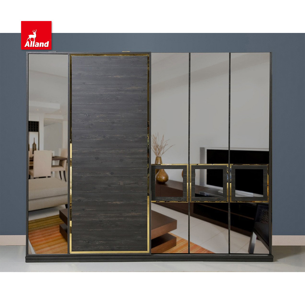 Allandcabinet Latest Design Modern Mirror Sliding Wardrobe Two Tone Black Wood Grain Closet With Gold Line For Home Improvement