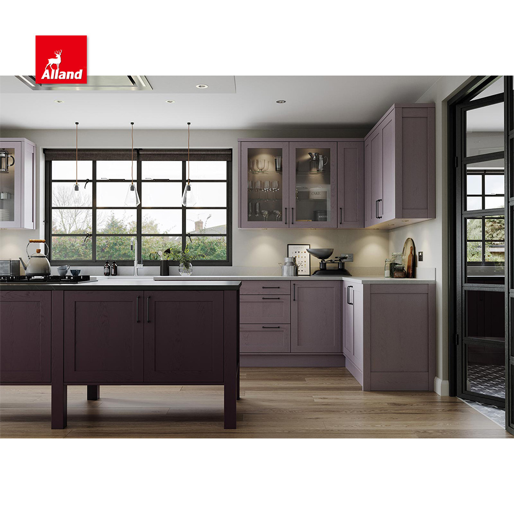 AllandCabinet Contemporary Customized Purple Painted Solid Wood Shaker Style L Shaped Kitchen Cabinet with Island