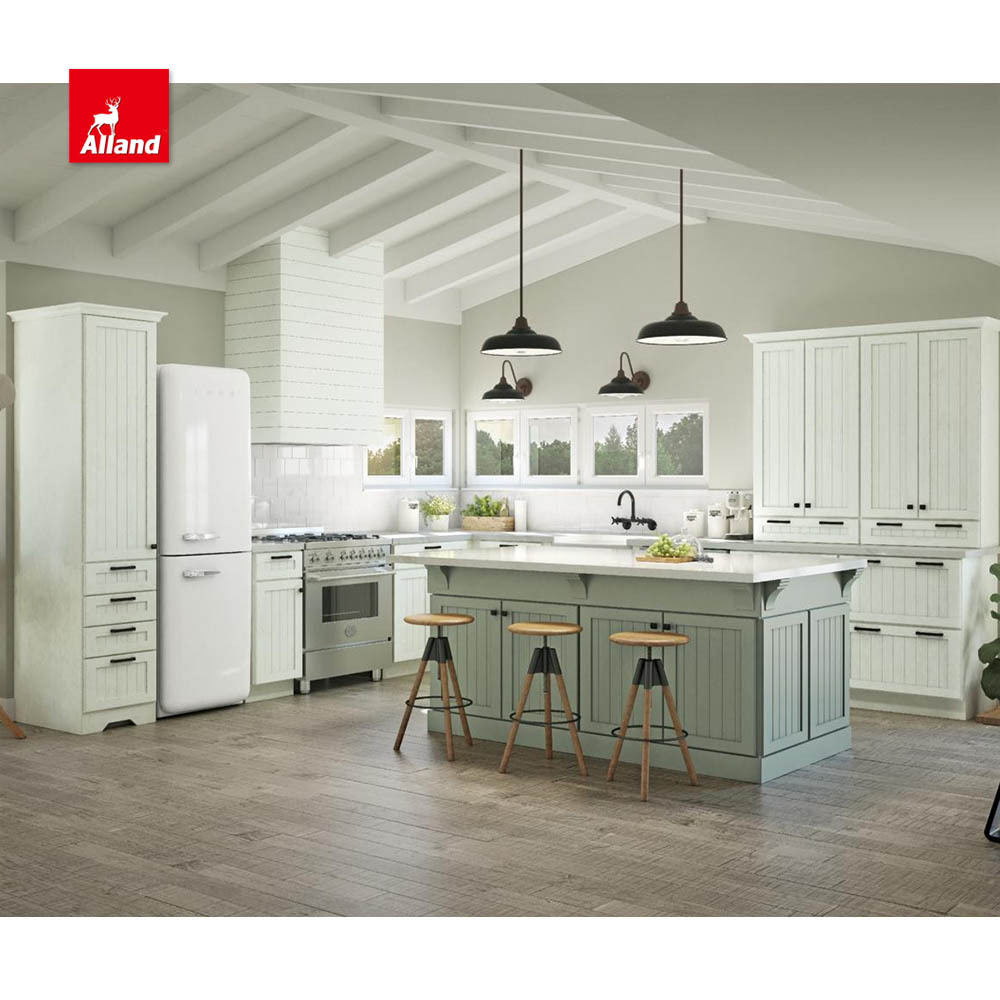 AllandCabinet Modern Style Plywood Lacquer Finish Light Green Fully Customized Kitchen Cabiney