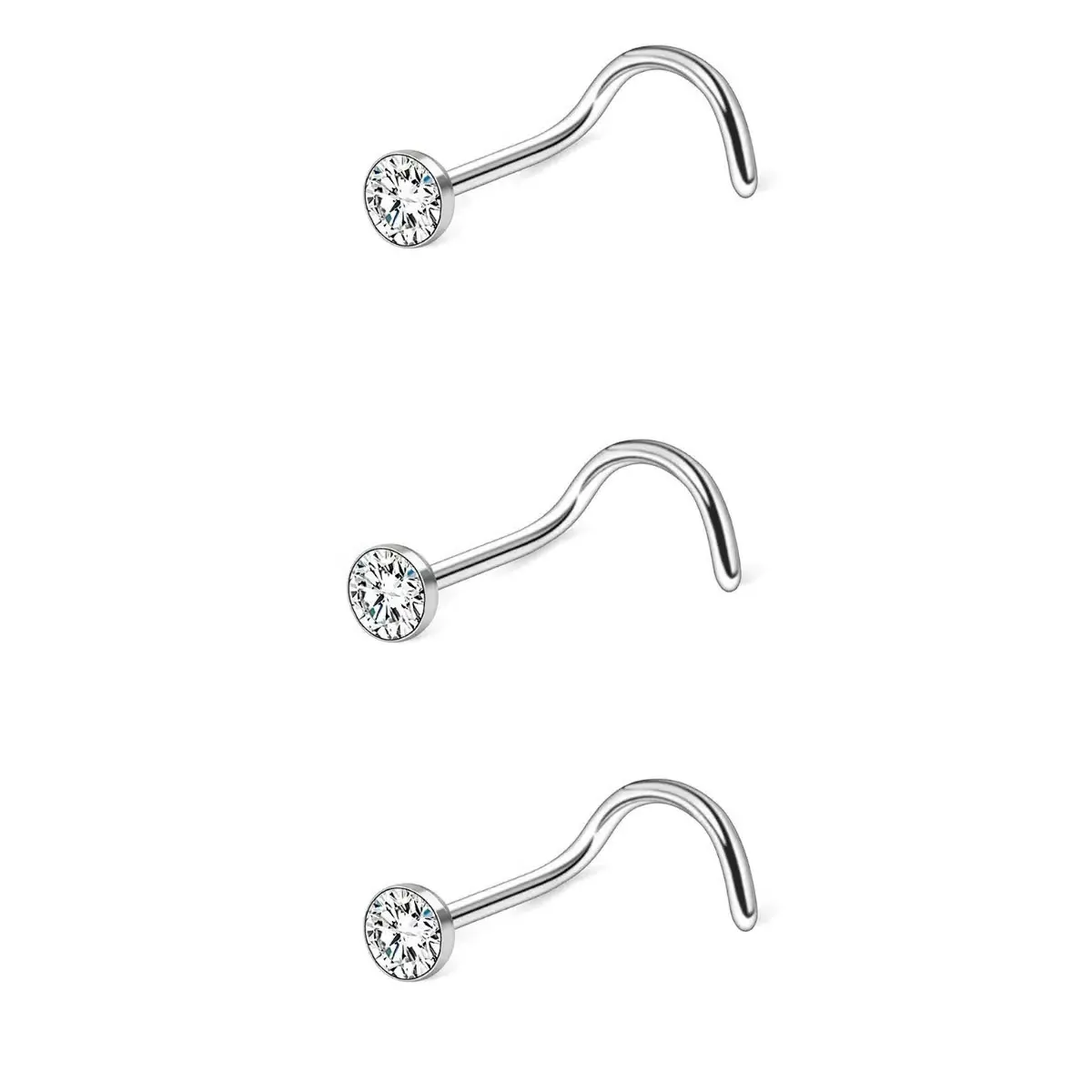 2023 wholesale silver color 2/3mm rhinestone stainless steel L shape S shape piercing nose ring nose studs for men and women