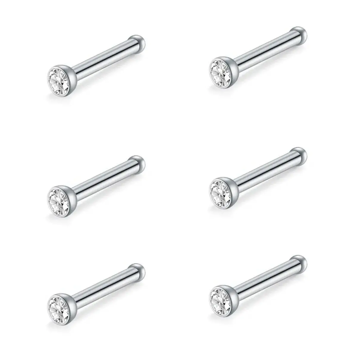 2023 wholesale silver color 2/3mm rhinestone stainless steel L shape S shape piercing nose ring nose studs for men and women