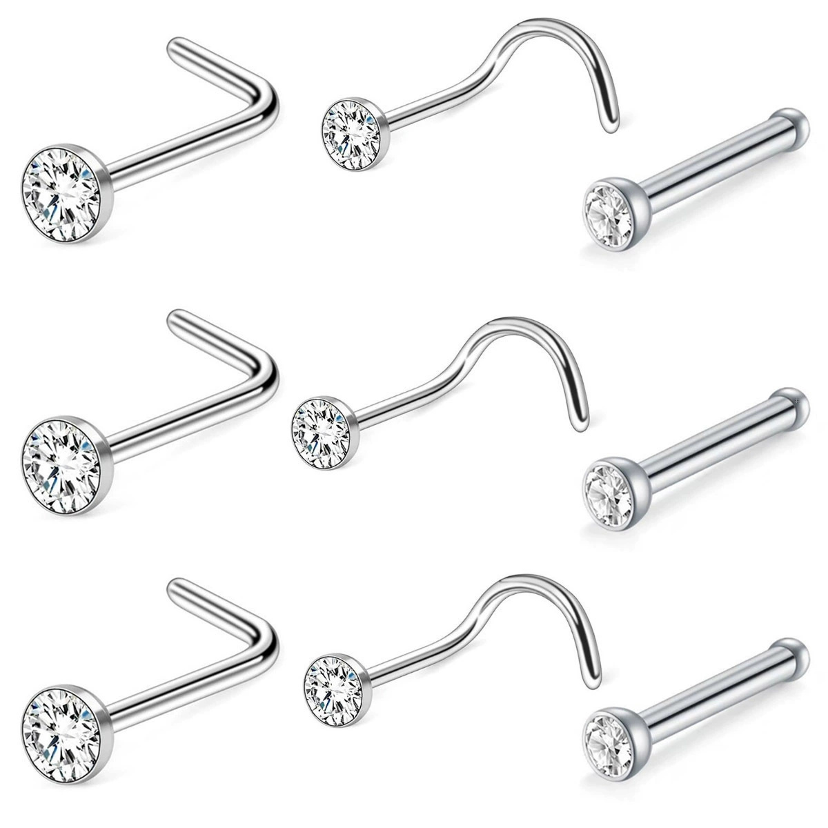 2023 wholesale silver color 2/3mm rhinestone stainless steel L shape S shape piercing nose ring nose studs for men and women