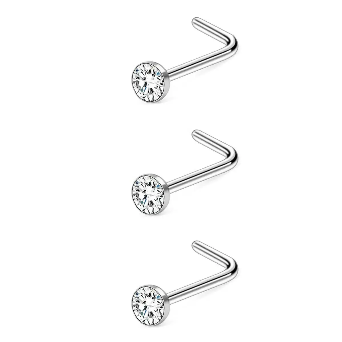 2023 wholesale silver color 2/3mm rhinestone stainless steel L shape S shape piercing nose ring nose studs for men and women