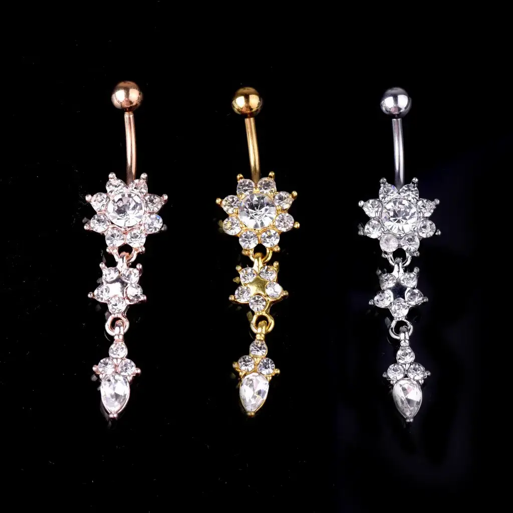 2023 gold silver cute flower Stainless Steel blingbling Crystal Rhinestone Belly Rings female Navel Belly Button Rings