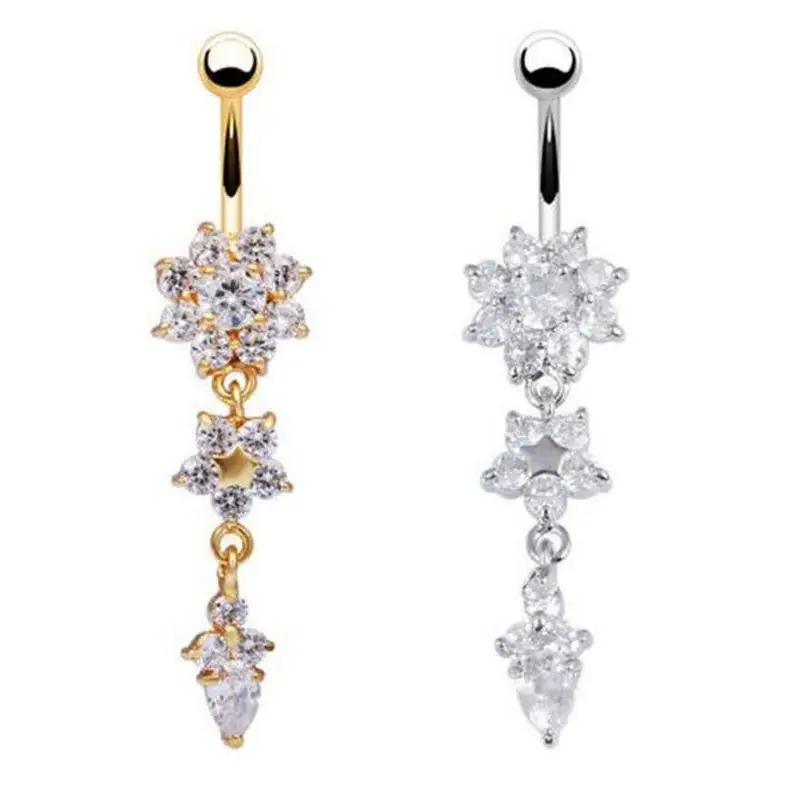 2023 gold silver cute flower Stainless Steel blingbling Crystal Rhinestone Belly Rings female Navel Belly Button Rings