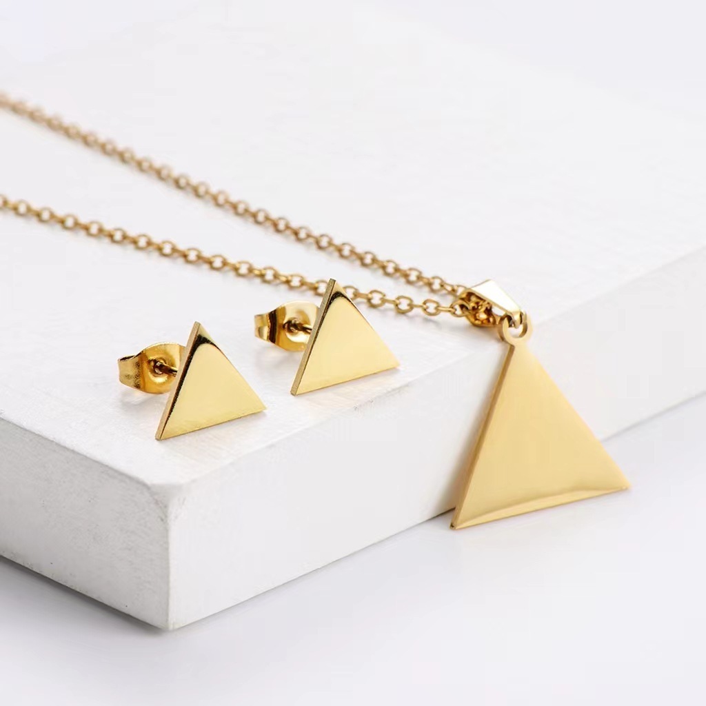 2024 cheap jewelry sets 18k gold plated laser cut stainless steel triangle symbols pendant necklace with stud earrings for women