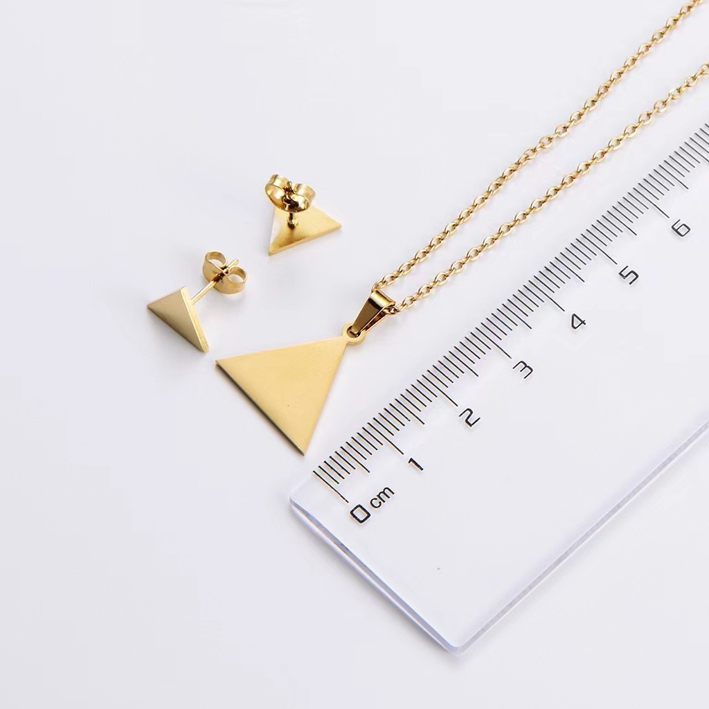 2024 cheap jewelry sets 18k gold plated laser cut stainless steel triangle symbols pendant necklace with stud earrings for women